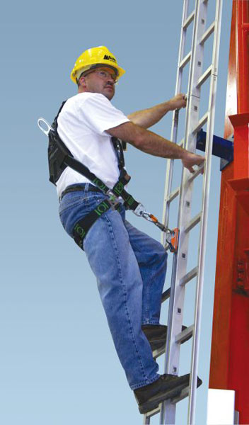 A ladder with a safety belt rail